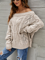 Cable knit off-shoulder sweater in Dust Storm with slouchy fit and open knit details.