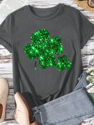 Dark gray t-shirt with a large, sparkling emerald green glitter shamrock graphic.