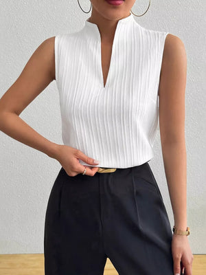 White textured sleeveless blouse with notched V-neck