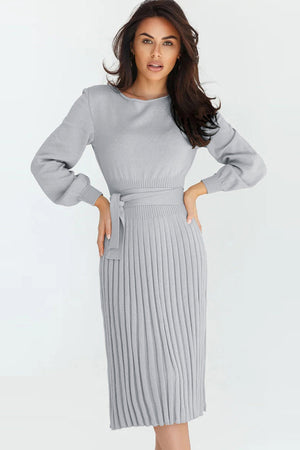 Belted knit midi dress in light gray with pleated skirt and long sleeves.