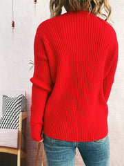 Red ribbed cardigan with cuffed sleeves, shown from the back.