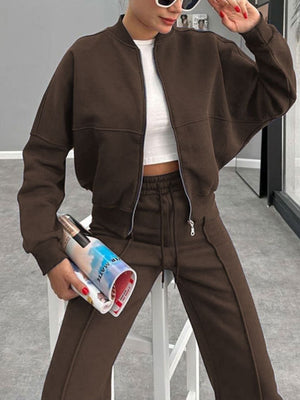 Crimson bomber jacket and wide-leg tracksuit in coffee brown, zip-front, casual loungewear.