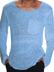 Light blue slub knit sweater with scoop neck and chest pocket.