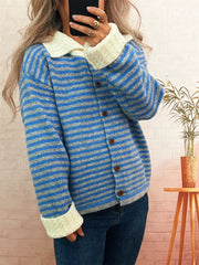 Blue and gray striped knit cardigan with textured collar and cream cuffs.