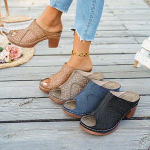 Chic peep-toe block heel mules in black, blue, tan, and khaki with diamond pattern detail.