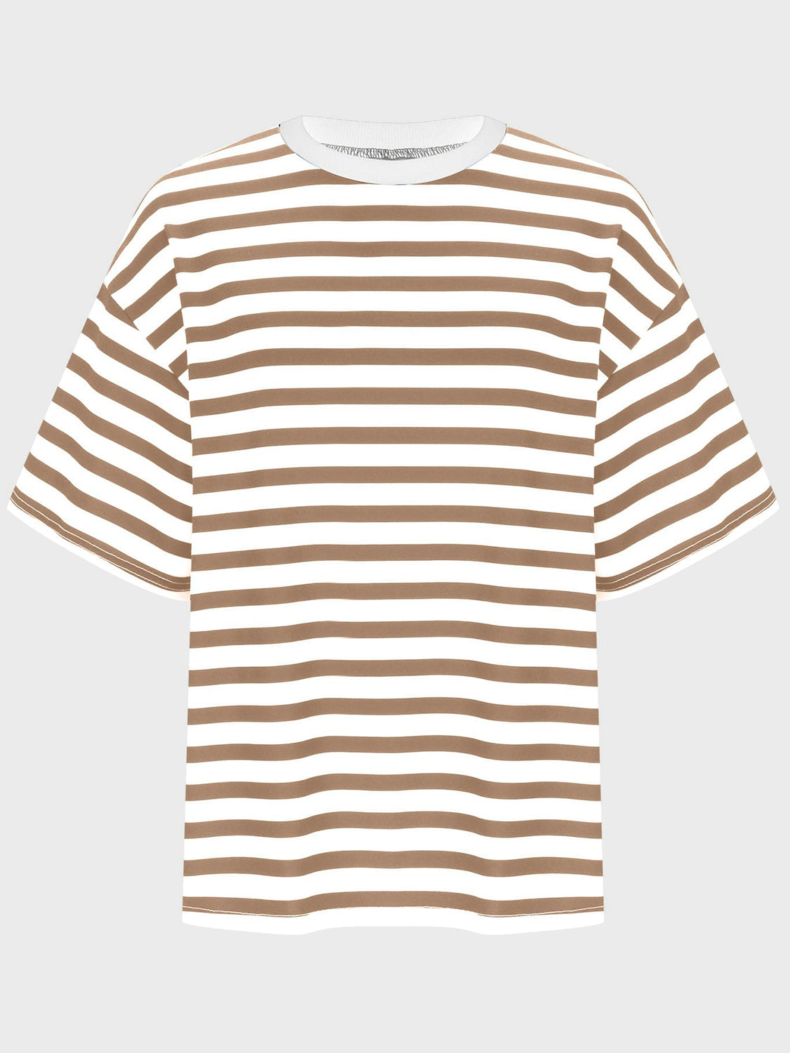Oversized taupe and white striped tee with dropped sleeves and crew neck.