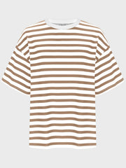 Oversized taupe and white striped tee with dropped sleeves and crew neck.