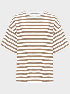 Oversized taupe and white striped tee with dropped sleeves and crew neck.