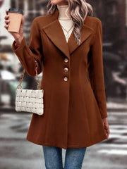 Brown wool blend coat with button front and flared hem
