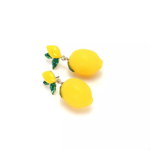 Lemon charm gold-plated drop earrings with green leaf accents