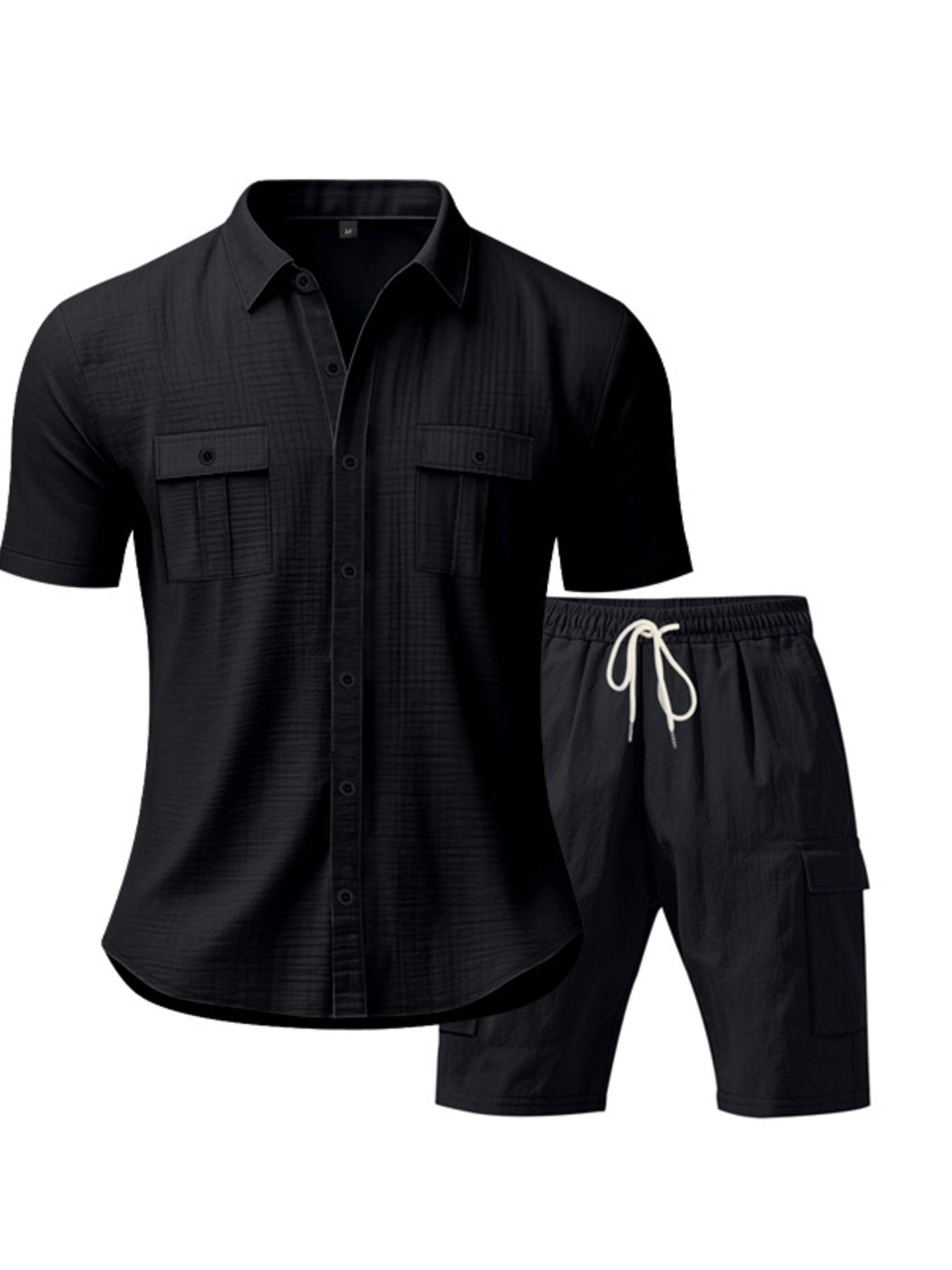 Black relaxed-fit button-up shirt with two chest pockets and drawstring shorts.