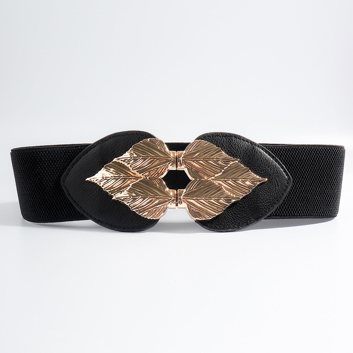 Black elasticated waist cincher with gold leaf motif buckle