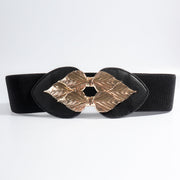 Black elasticated waist cincher with gold leaf motif buckle