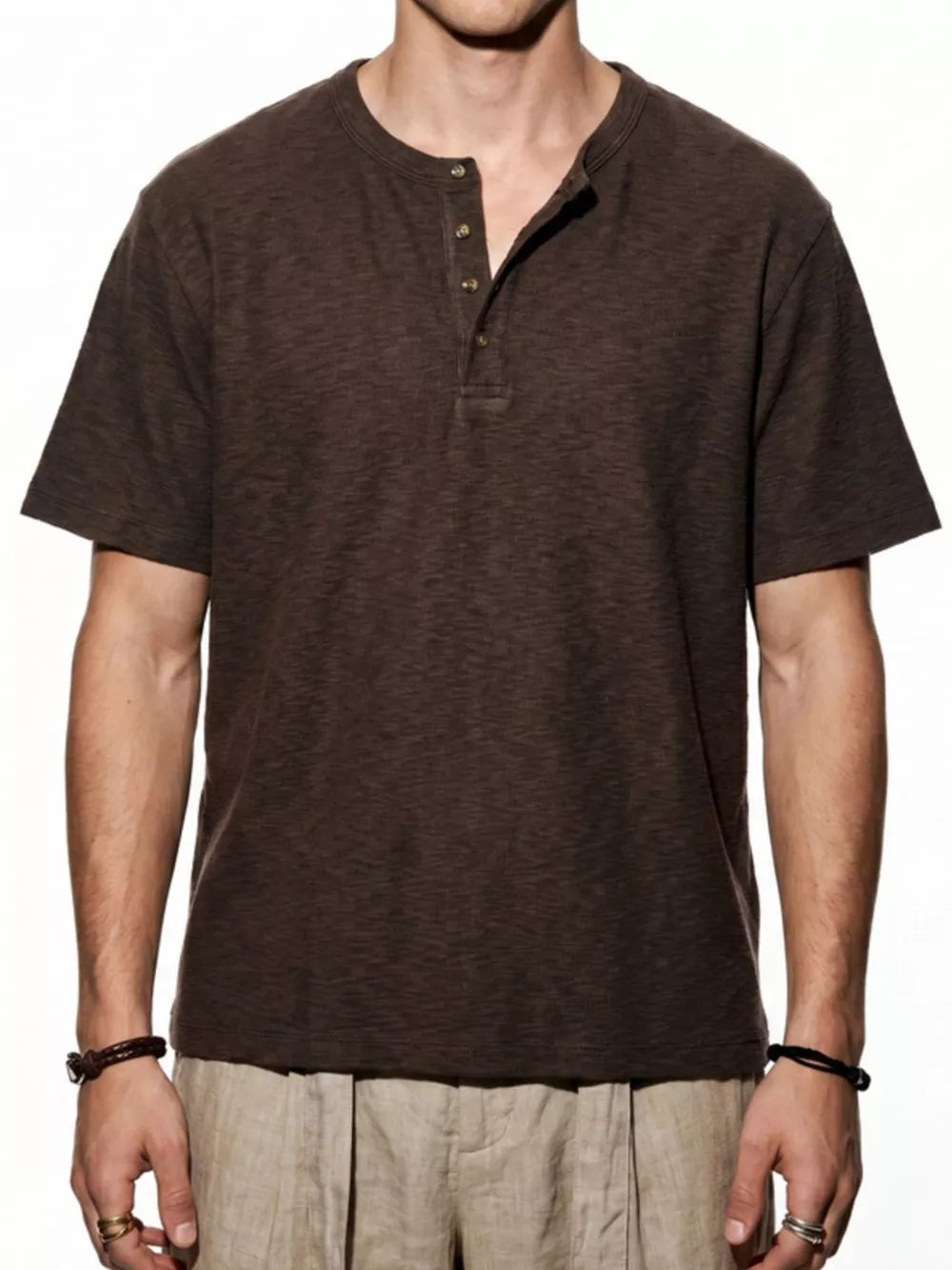 Men's Short Sleeve Henley T-shirt in Gray, front view