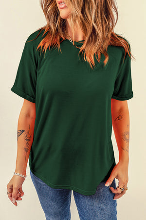 Dark green raglan tee with rolled sleeves and a curved hem.