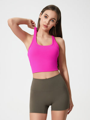 Hot Pink Sculpted Racerback Crop Tank with a square neckline and cropped length.