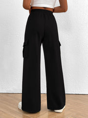 Black high waist cargo sweatpants with drawstring and side pockets.