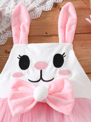 White baby one-piece with embroidered bunny face, pink bow, and pink tulle skirt.