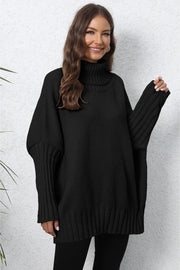 Black ribbed turtleneck sweater with batwing sleeves and a relaxed fit.
