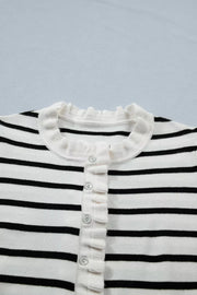 Chic striped maternity cardigan with ruffle trim and buttons.