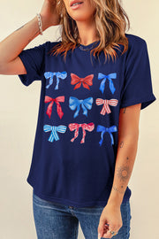 Dark blue crewneck tee with a watercolor bow print.