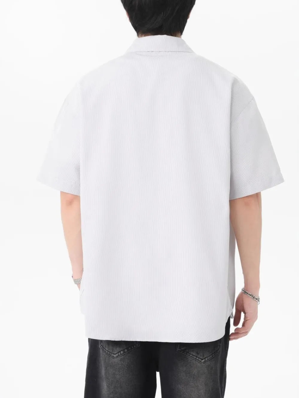 Button-down Oversized Short-sleeve Top in Blue, close-up detail
