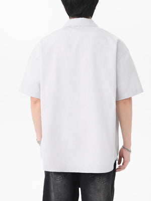 Button-down Oversized Short-sleeve Top in Blue, close-up detail