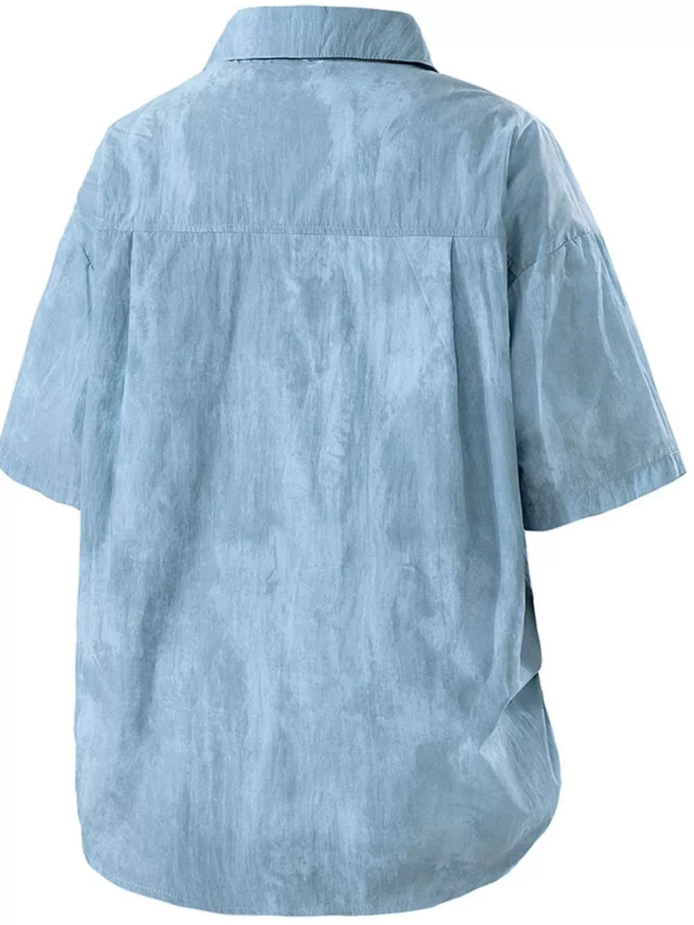 Blue relaxed fit camp collar men's shirt with short sleeves and a textured fabric.