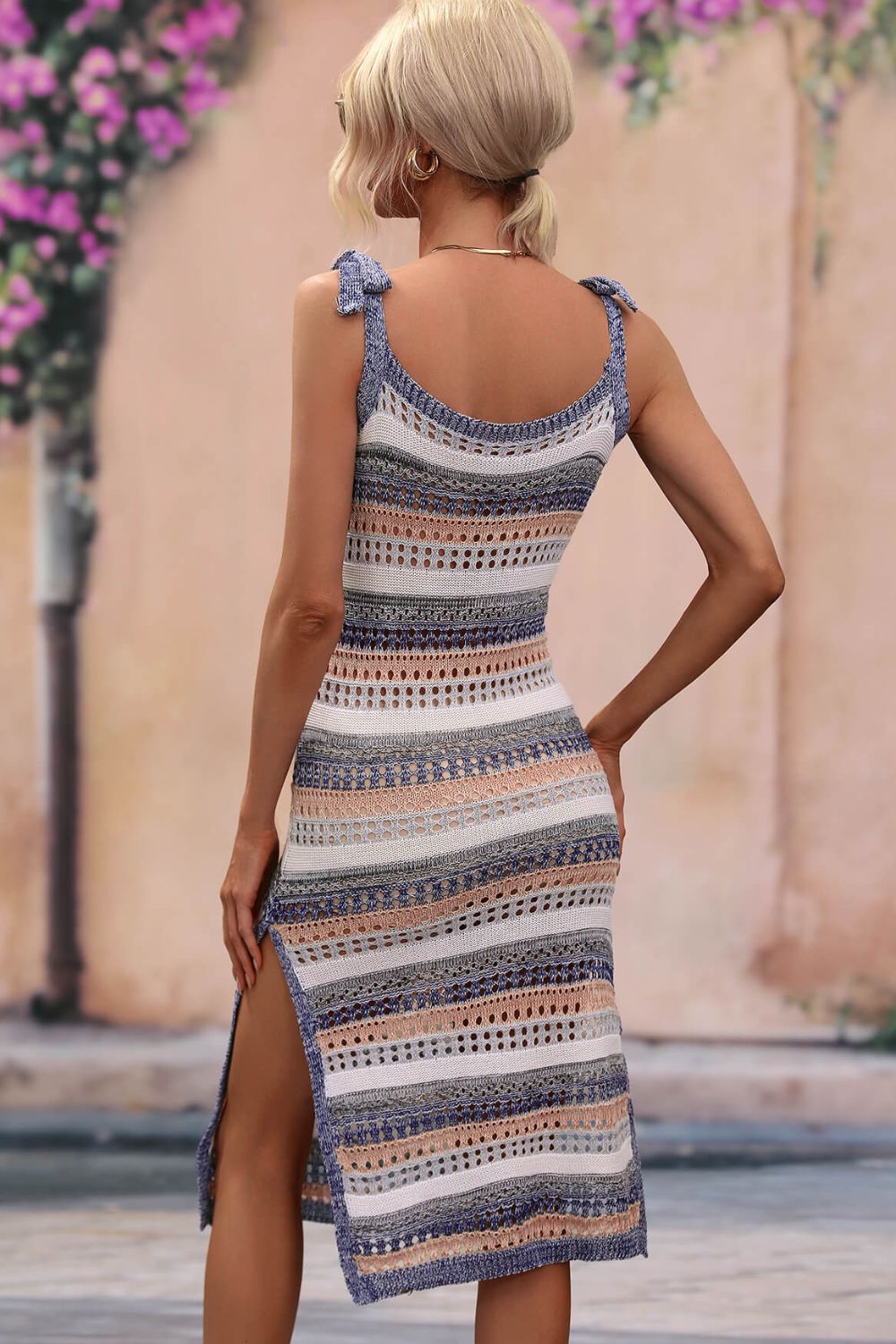 Knit midi dress with tie straps, side slit, and multicolor stripes in Blue/Peach.