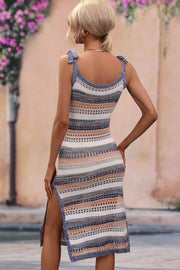 Knit midi dress with tie straps, side slit, and multicolor stripes in Blue/Peach.