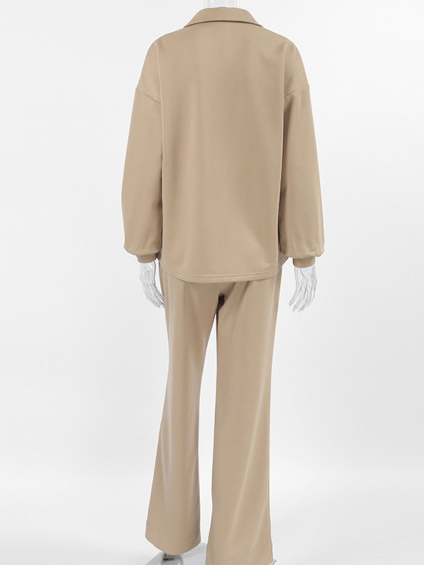 Camel quarter zip top and wide leg pants set, comfortable casual outfit for women.