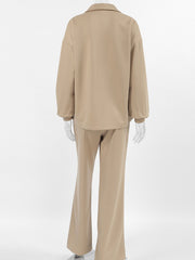 Camel quarter zip top and wide leg pants set, comfortable casual outfit for women.