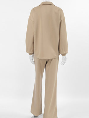Camel quarter zip top and wide leg pants set, comfortable casual outfit for women.