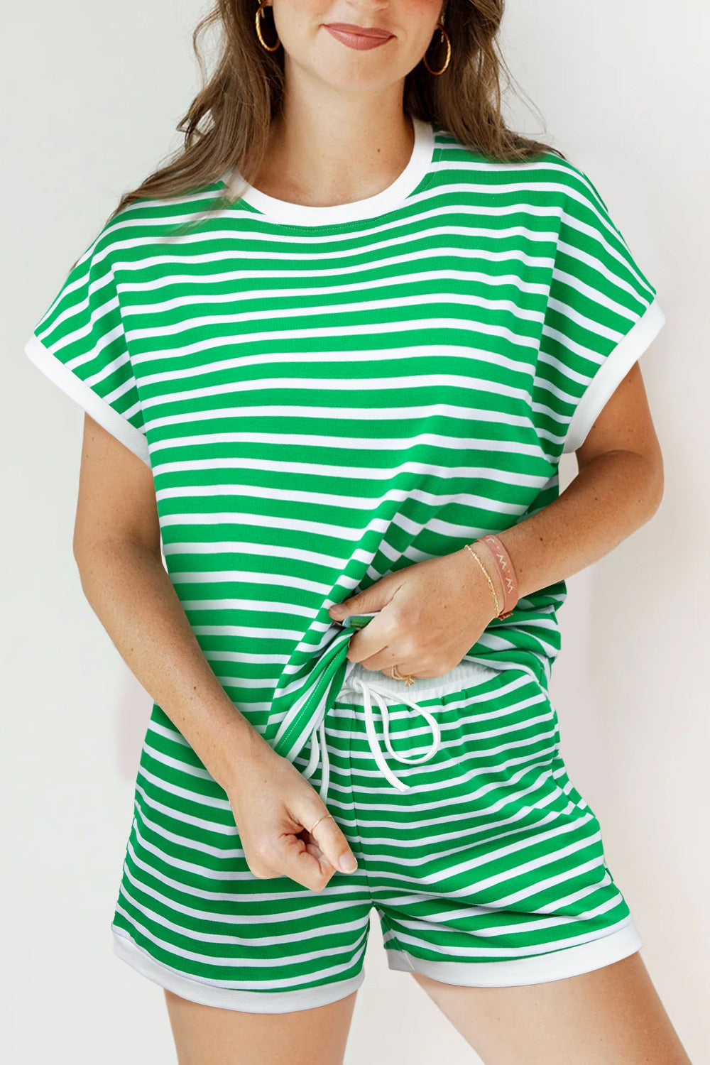 Green stripe loungewear set with t-shirt and shorts, comfortable cotton fabric
