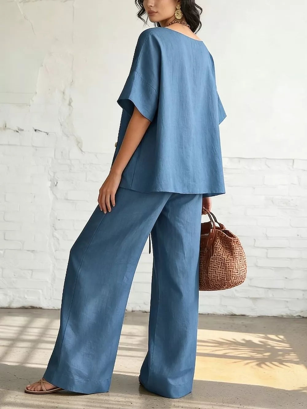 Full Size Surplice Half Sleeve Top And Wide-leg Pants Set, model styling view