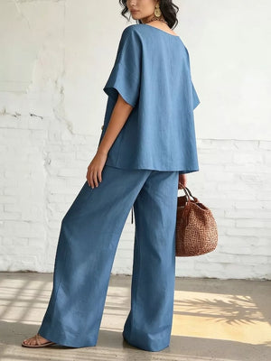 Full Size Surplice Half Sleeve Top And Wide-leg Pants Set, model styling view