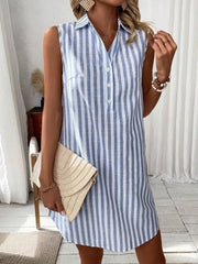 Light blue striped sleeveless collared shirt dress with button front and above-knee length.
