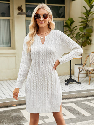 White cable knit sweater dress with keyhole neckline and side slits