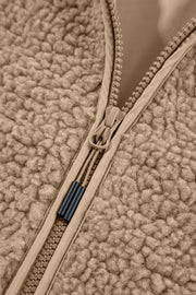 Sherpa lined hooded jacket in khaki with contrast zipper detail.