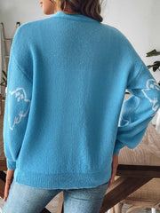 Cerulean balloon sleeve cardigan with white ghost motif on sleeves