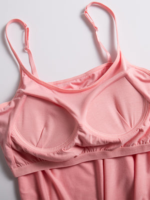 Pink soft-cup cami with adjustable straps and built-in bra cups