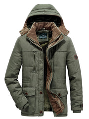 Khaki hooded parka with fur lining, buttoned front, and multiple pockets.