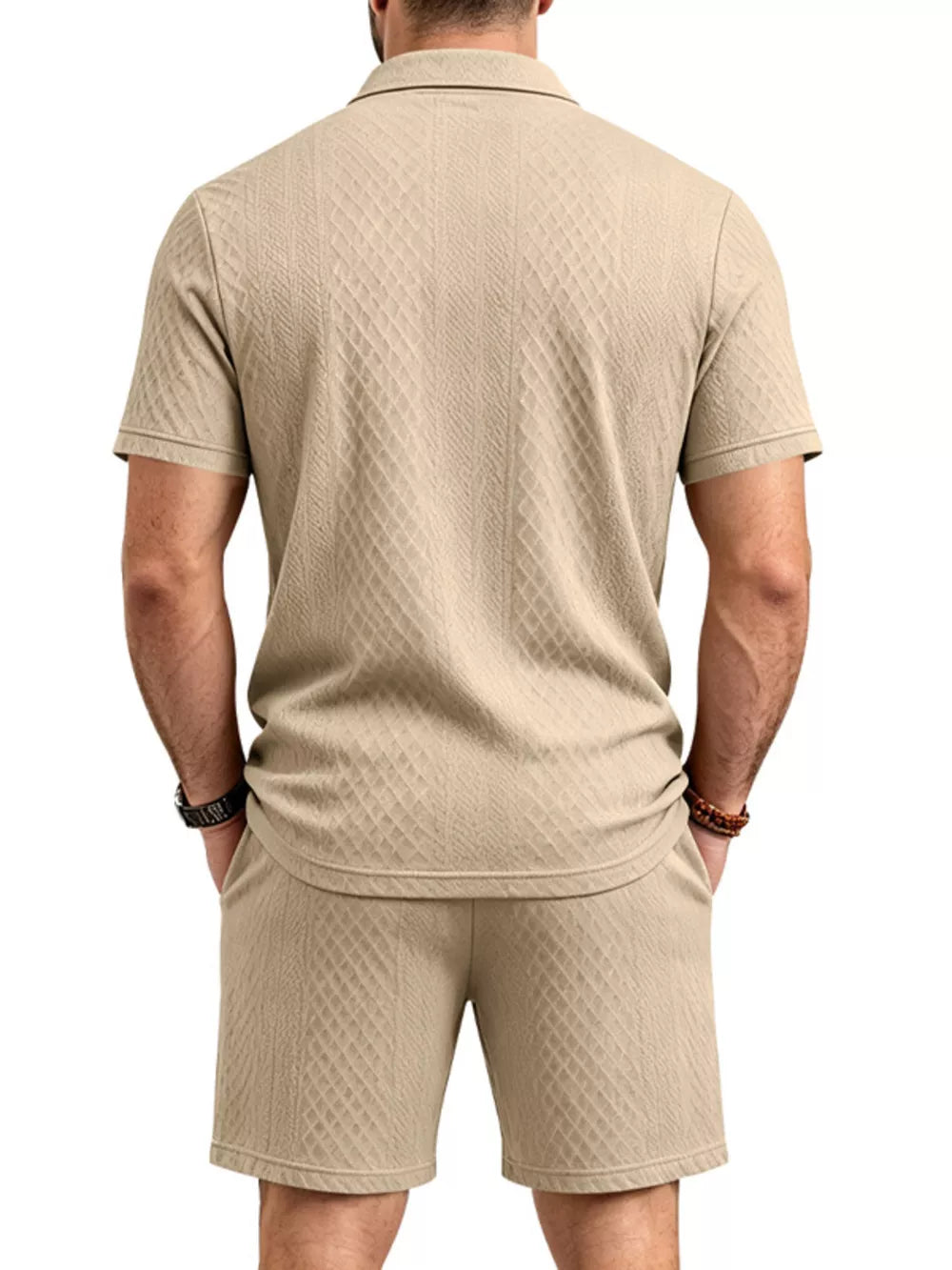Men's Textured Short Sleeve Polo & Shorts Set in Dark Gray, back view