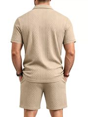 Men's Textured Short Sleeve Polo & Shorts Set in Dark Gray, back view