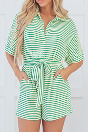 Green striped resort shirt romper with tie waist and button front