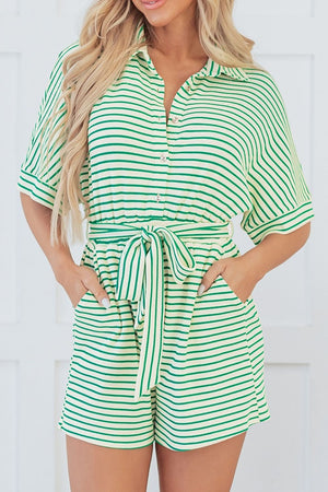 Green striped resort shirt romper with tie waist and button front