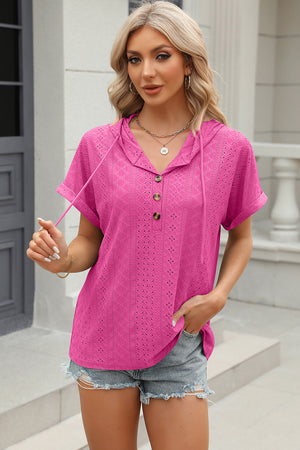 Hot Pink perforated henley hooded tee with short sleeves and button detail.