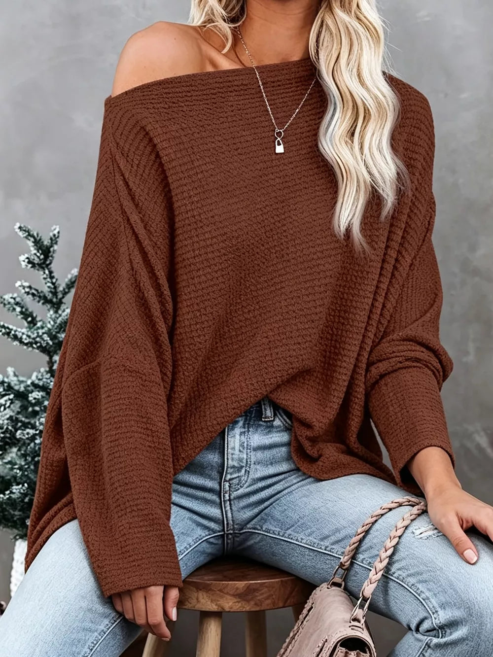 One-shoulder Waffle Knit Top in Brown, side view