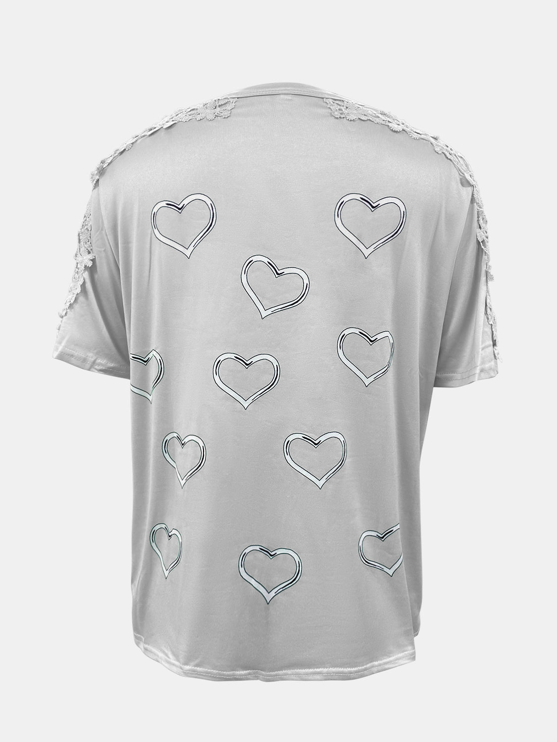 Light Gray t-shirt with heart print and lace trim detail on shoulders and sleeves.