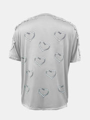 Light Gray t-shirt with heart print and lace trim detail on shoulders and sleeves.